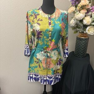 Cabi 100% Silk Floral Tunic Top Small Multicolor Boho Spring Summer Festival